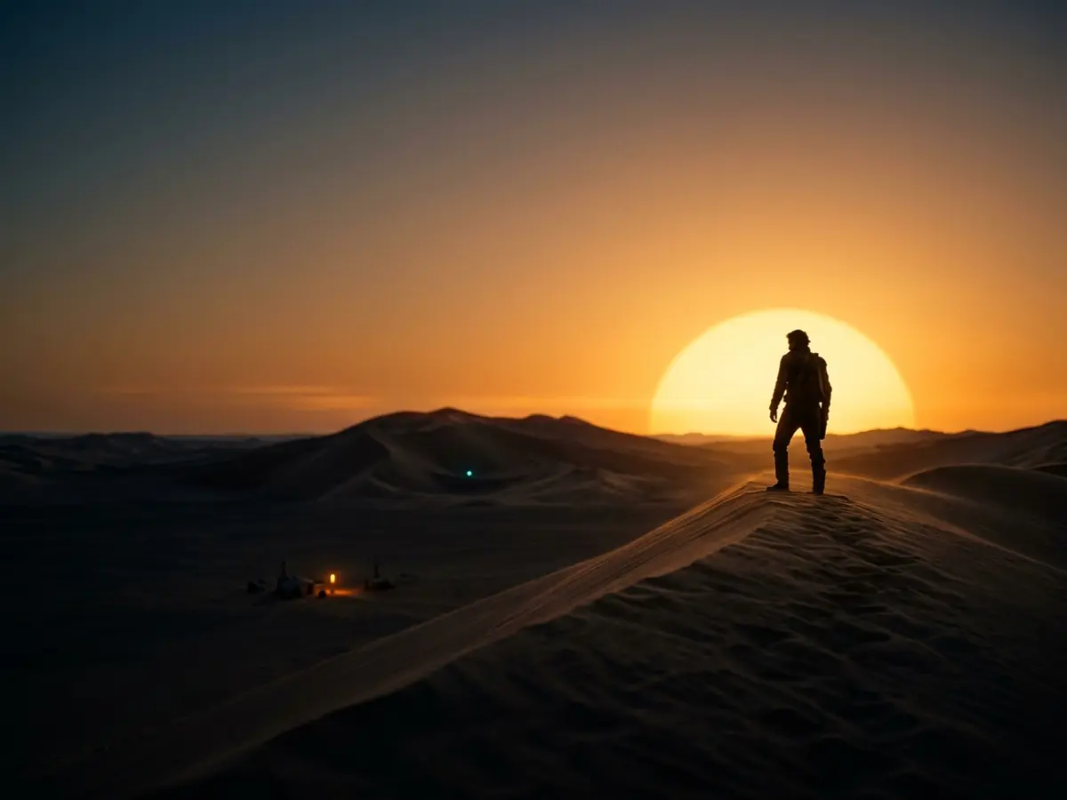 A lone figure on a desert dune ridge in front of a huge amber sun.