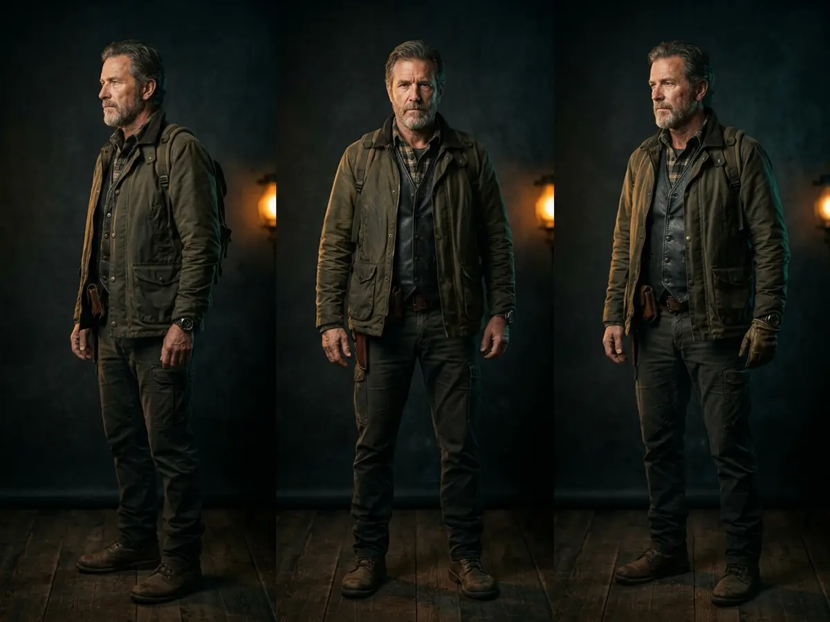 Three full-length views of the same bearded explorer in a waxed field jacket.