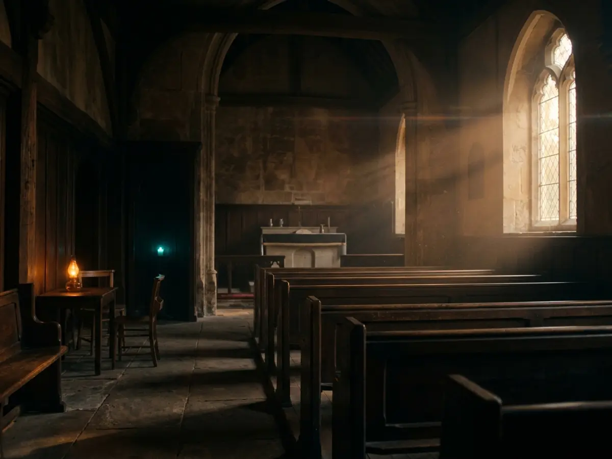 An empty stone chapel with wooden pews and light streaming through an arched window.