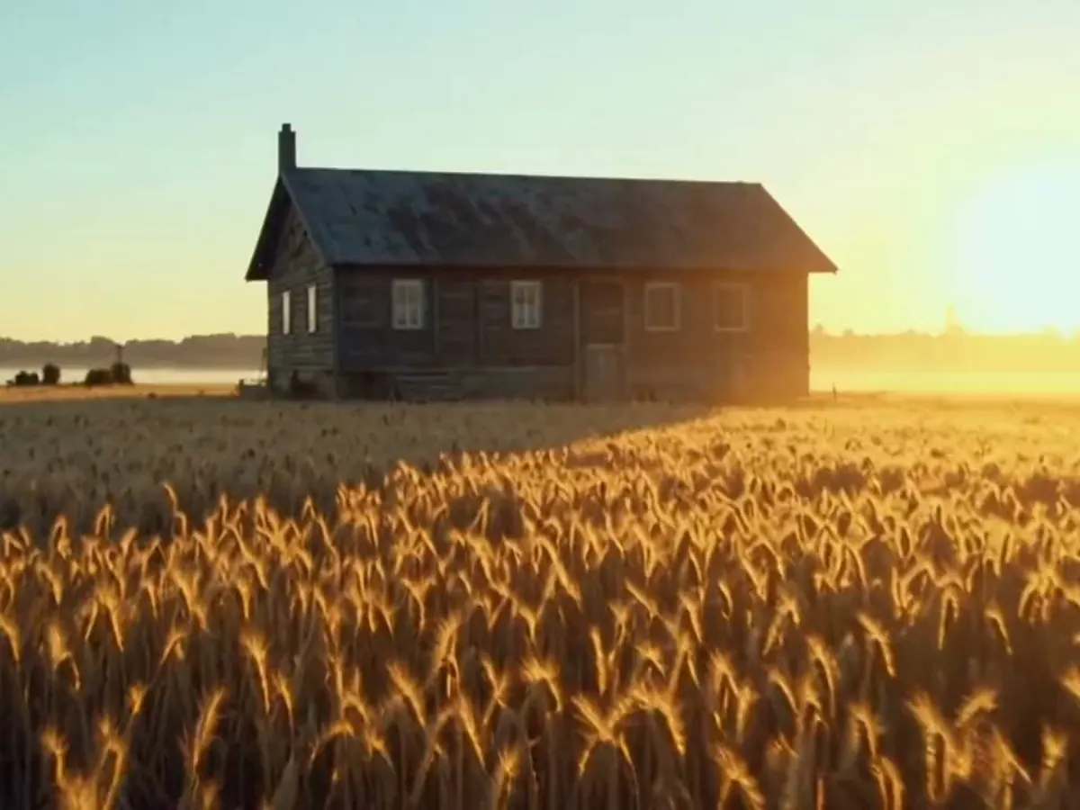 One continuous camera move from a farmhouse at sunrise through its door into the kitchen, made from three frame-chained clips.