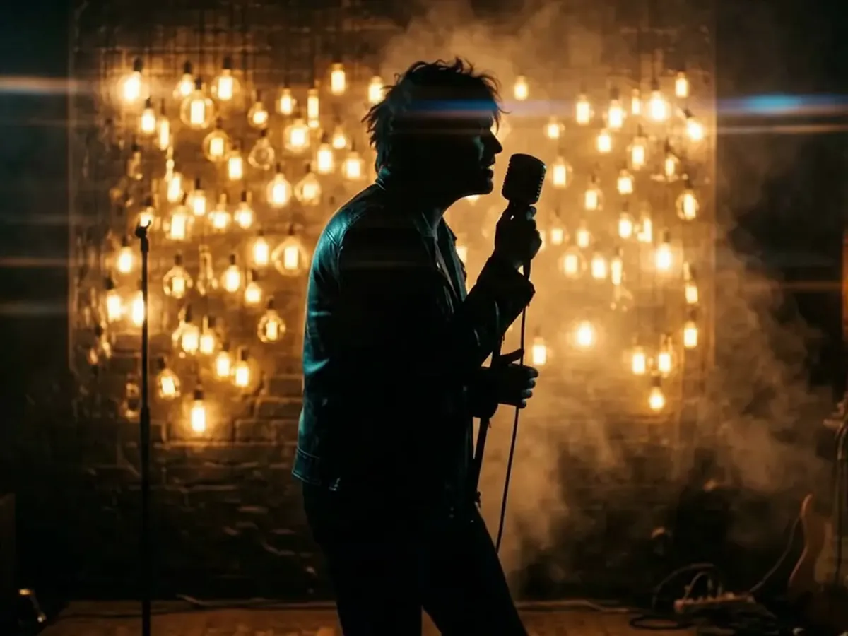 A singer in silhouette at a microphone in front of a wall of glowing bulbs.