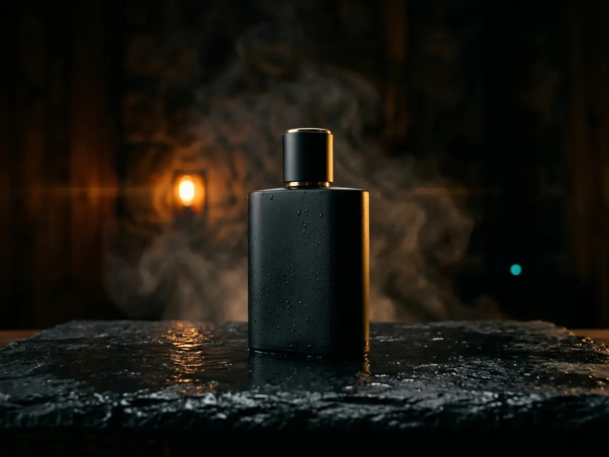 A matte-black bottle on wet black stone with drifting smoke.