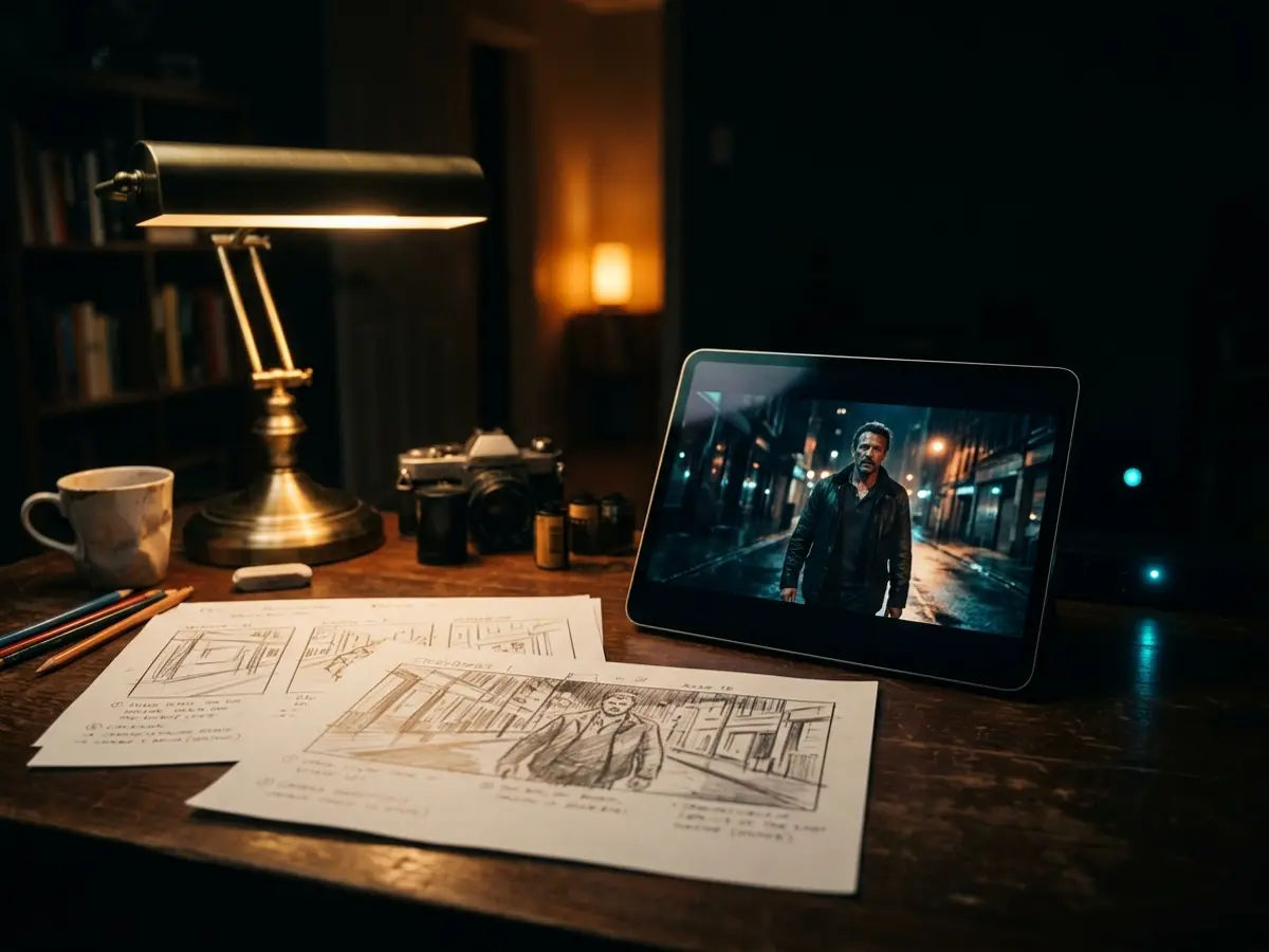 Storyboard sketches on a desk beside a tablet showing the finished night-street frame.