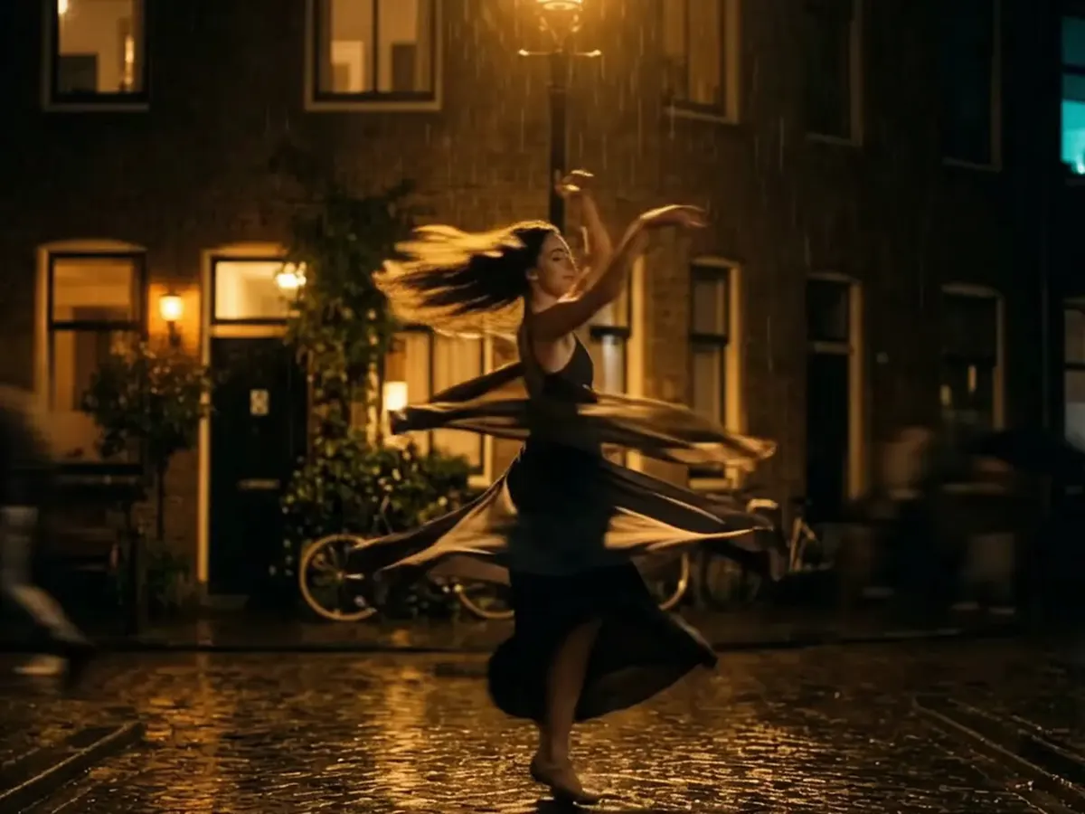 A dancer spins on a wet cobblestone street under a sodium streetlamp at night.